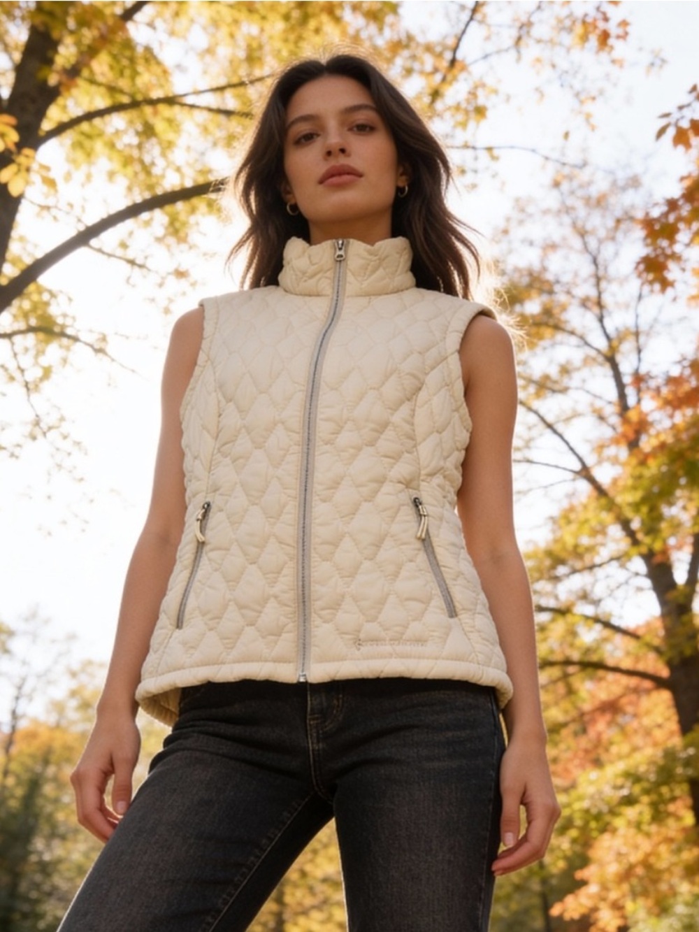 Free Country Quilted Puffer Vest Women’s M Cream Lightweight Zip Outdoor
